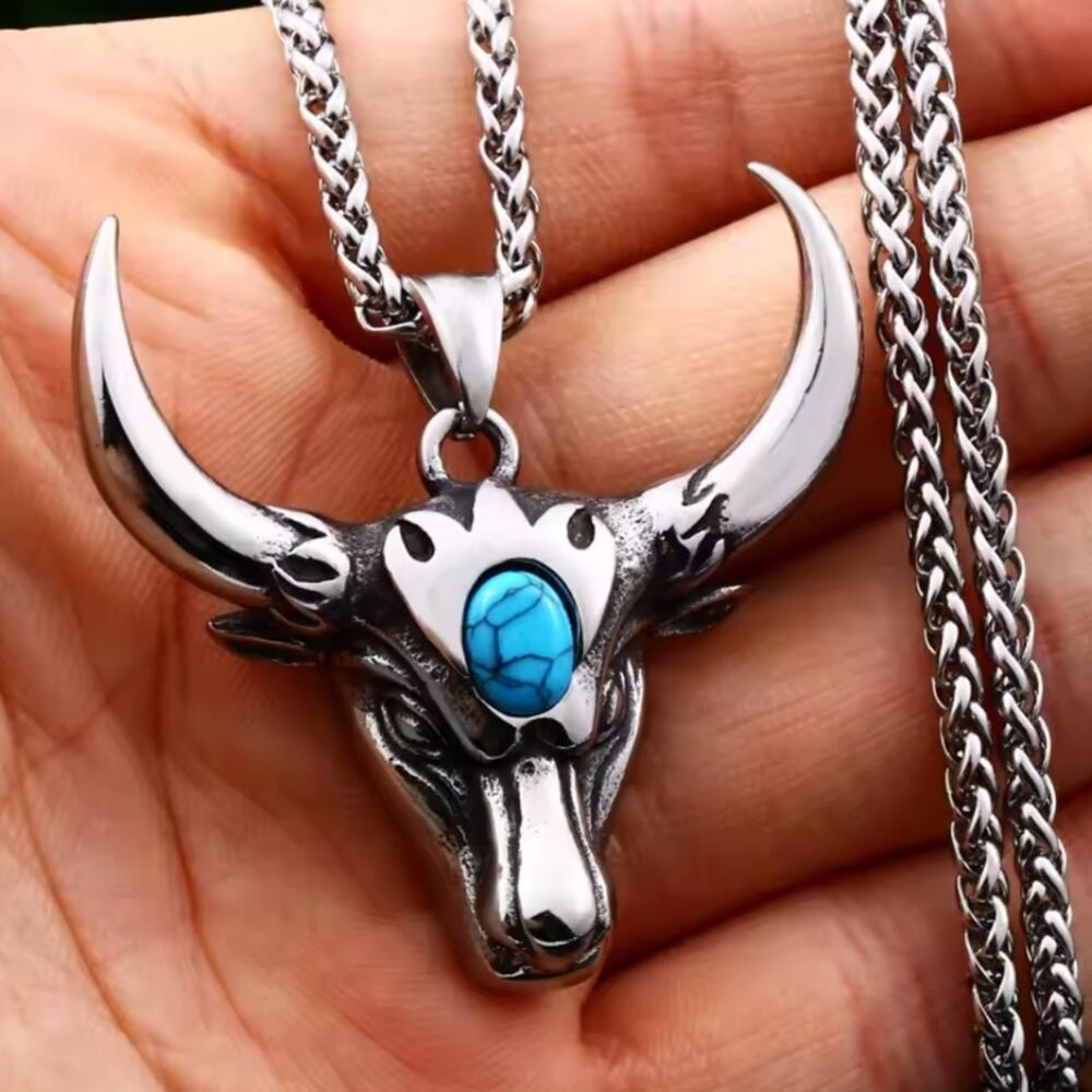 Silver Bull Head Horns Pendant w/ Blue Turquoise Western AnniversaryBirthday NEW